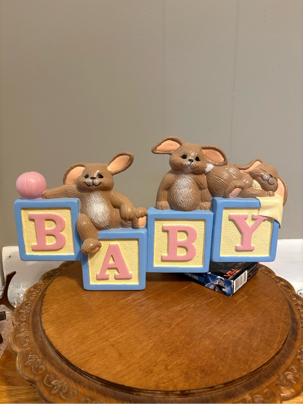 Rare Find! Baby Bunny Blocks Decorative Figurine - Blue & Pink Vintage 1989